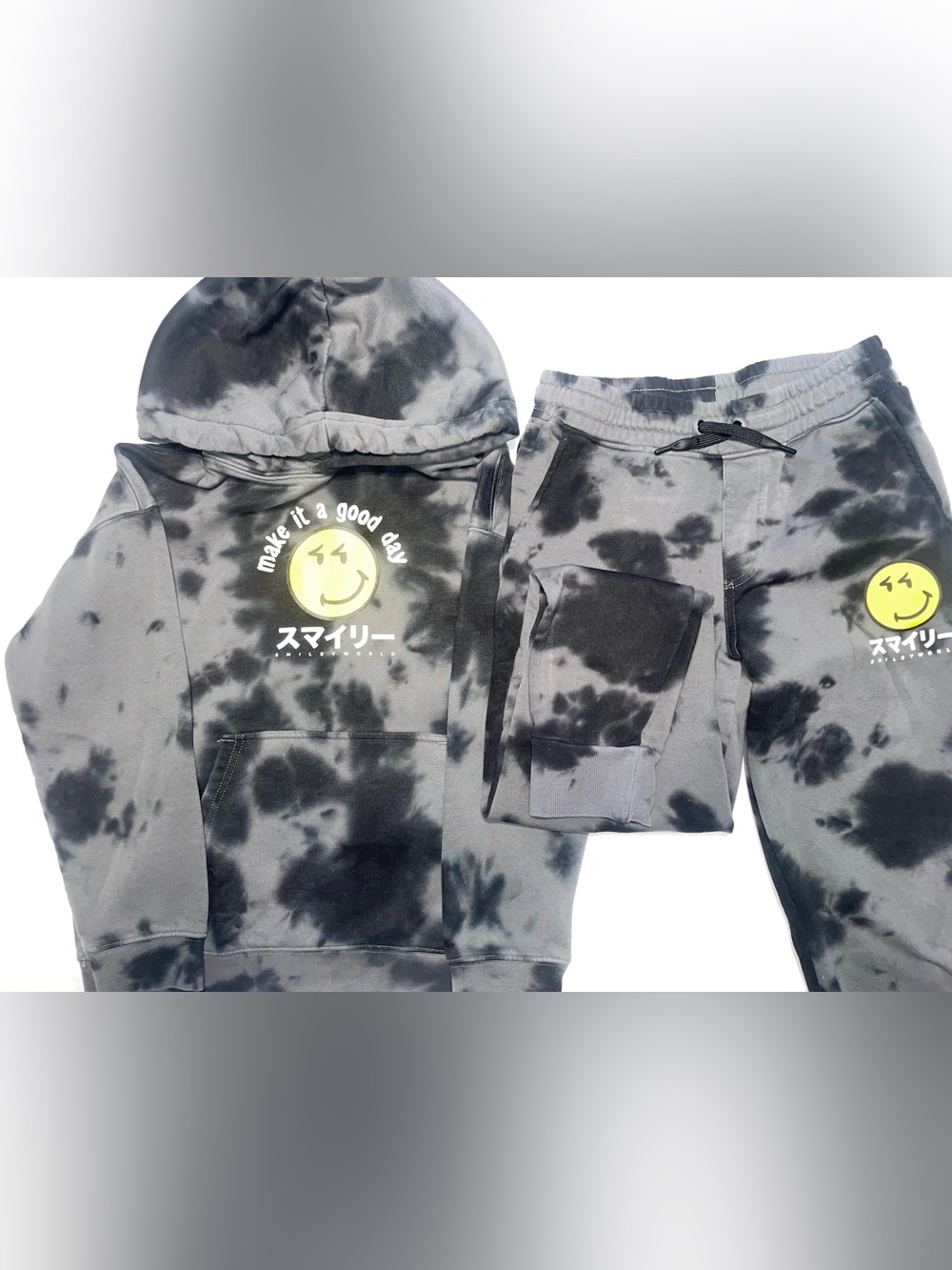 🙂H&M Tie-Dye Grey Kids Jogger Bottoms with Smiley Graphic Hoodie Set🙃
